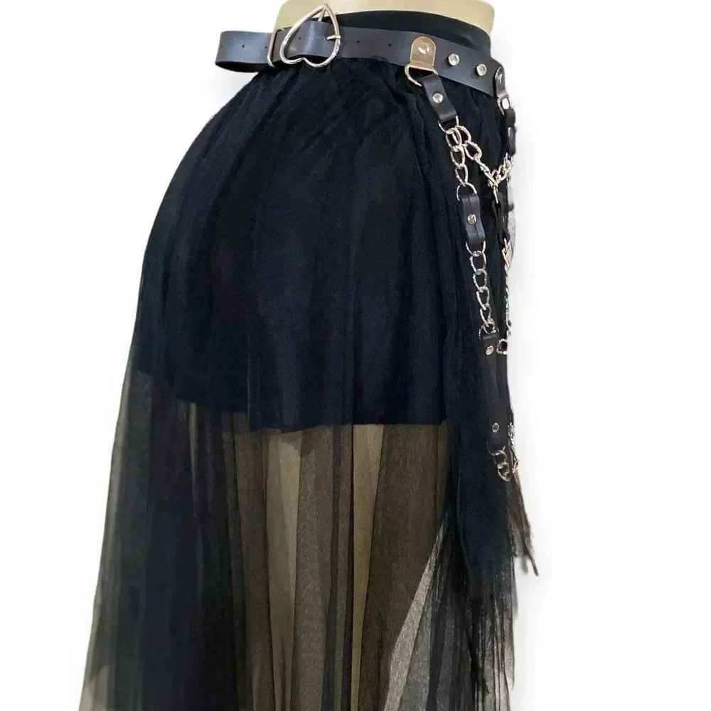 Black Leather Harness Waist Wide Skirt Chain Belt - NEW